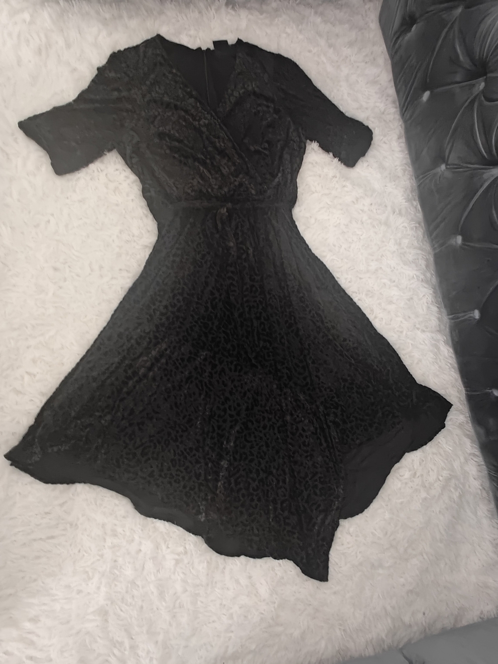 Maison Tara Black Midi Wrap Dress with Subtle Animal Texture